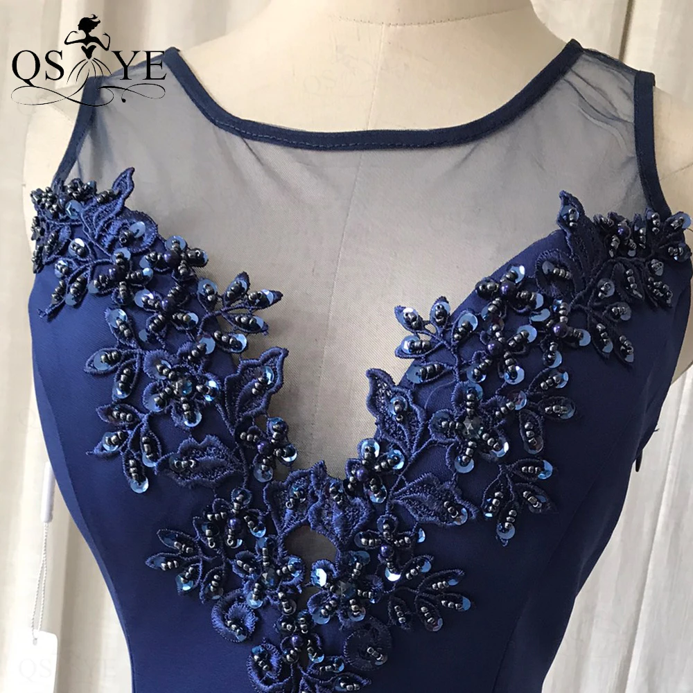 Vestidos elásticos de baile da marinha, Apliques de renda frisada sereia, pescoço colher, vestido sem mangas princesa, vestido formal azul escuro