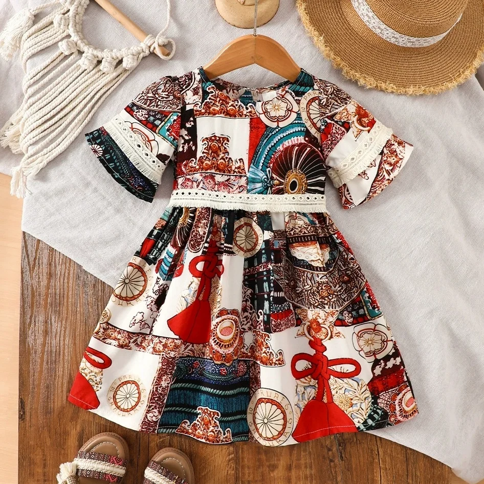 

Kid Girls' Boho Maxi Dress A-Line Short Sleeve Round Neck Summer Dress Lightweight For Outdoor Baby Clothing 2 3 5 6 7 Years