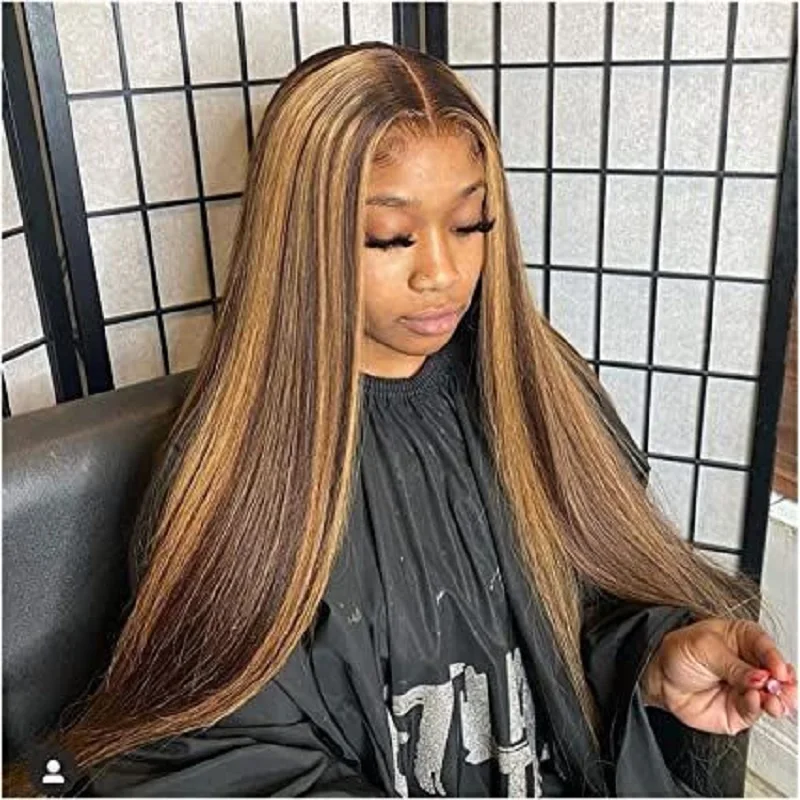 Straight Highlight Wig Human Hair 13x6 HD Lace Frontal Wigs Ombre Honey Blonde Colored Straight Glueless Wigs for 4/27