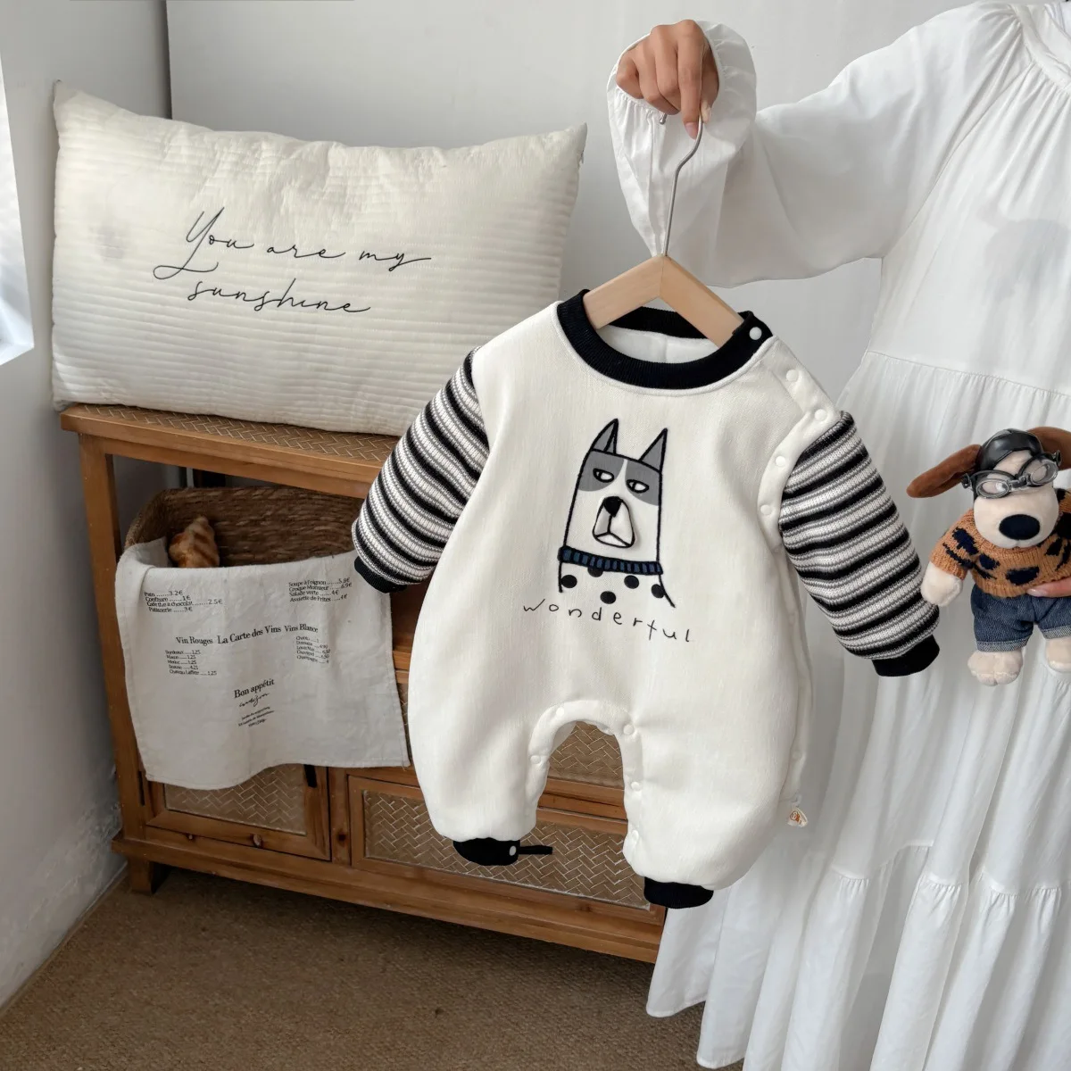 

2025 Winter Toddler Kid Boy Romper Cartoon Printed Infant Baby Boy Plush Infant Baby Girls Overalls Striped Newborn Boy Jumpsuit