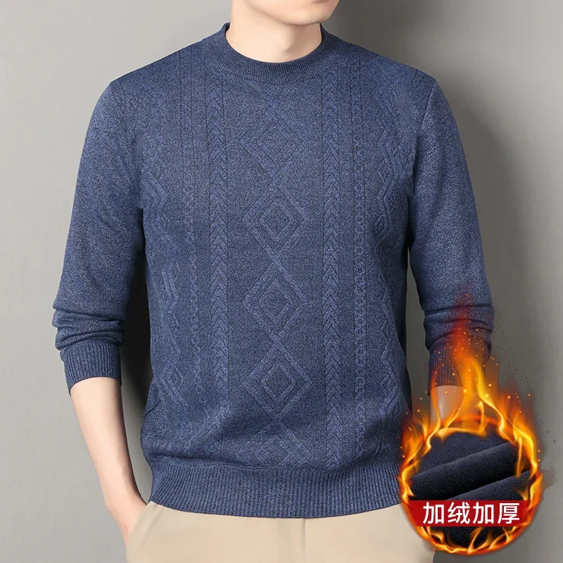 Winter Thick Fleece Men Crew Neck Jumper Textured Jacquard Knit Soft Fabric Daily Gathering Outdoor Warm Top