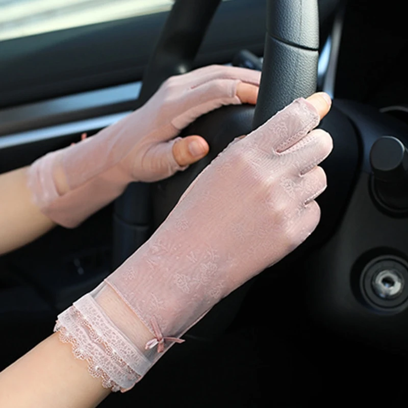 Sunscreen Gloves Female Summer Half Finger Driving Riding Mitten Breathable Two-fingerless Elastic Gloves