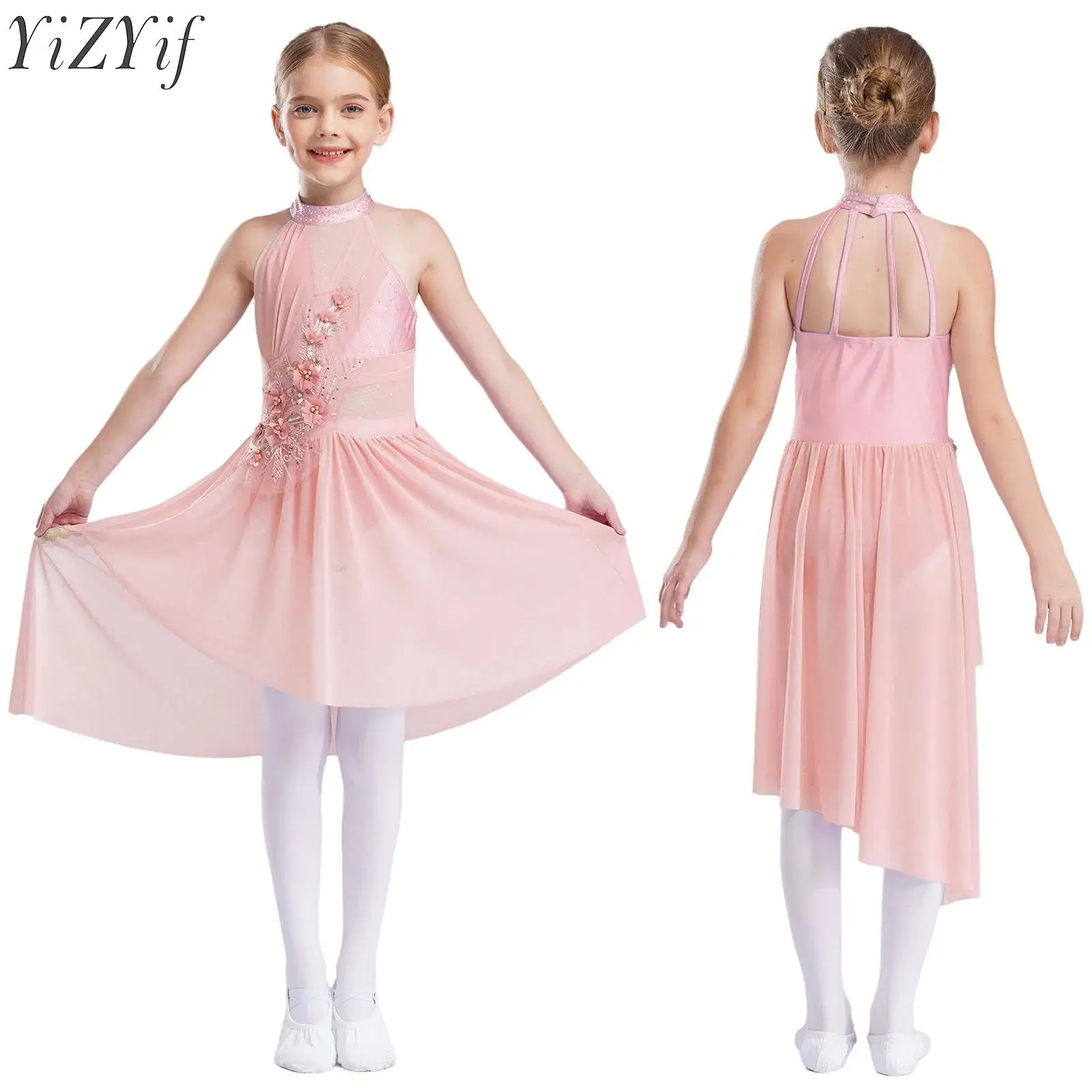 

Kids Girls Ballet Lyrical Dance Dress Rhinestones Sleeveless Irregular Hem Delicate Applique Figure Ice Skating Stage Costumes