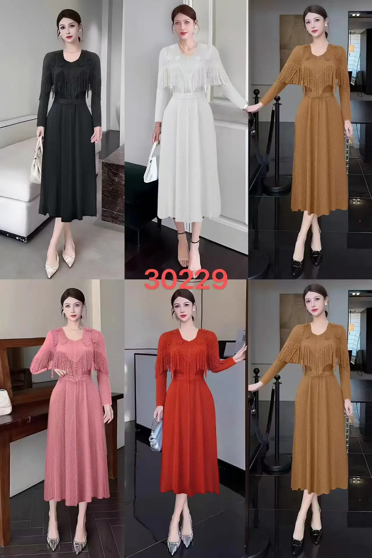 2025 Autumn New Miyake Pleated Dress Fashion Nail Diamond Fringe Flower Temperament Loose Women's Long Dress