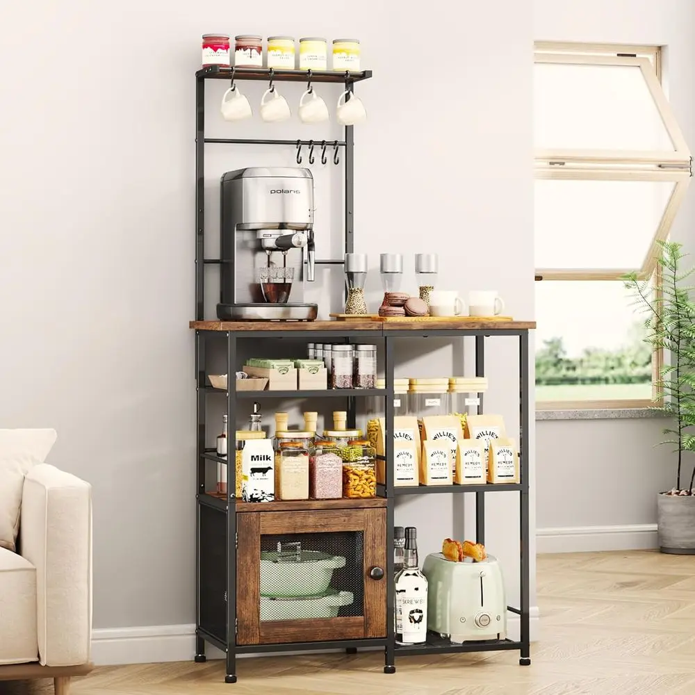 

Bakers Rack with Storage - Coffee Bar Cabinet Organizer with 8 Hooks, Shelves & Cabinet Door, Coffee Station for Kitchen Dining