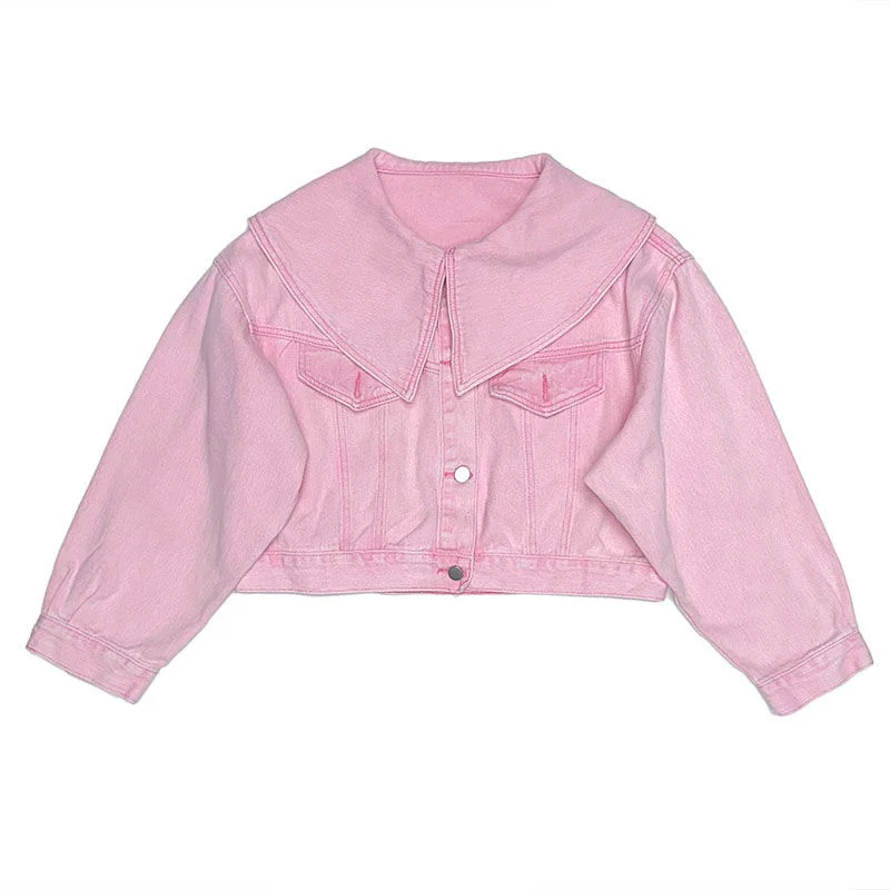 

2025 New Neck Small Fragrant Wind Korean Edition Cowboy Jacket Women's Design Sense Small Short Style Denim Jackets Pink Outwear