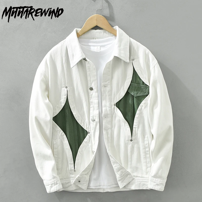 

Fashion Men's Cargo Jacket of Denim Fabric Japanese Vintage Denim Jacket Patchwork Design White Denim Coat Loose Causal Clothes