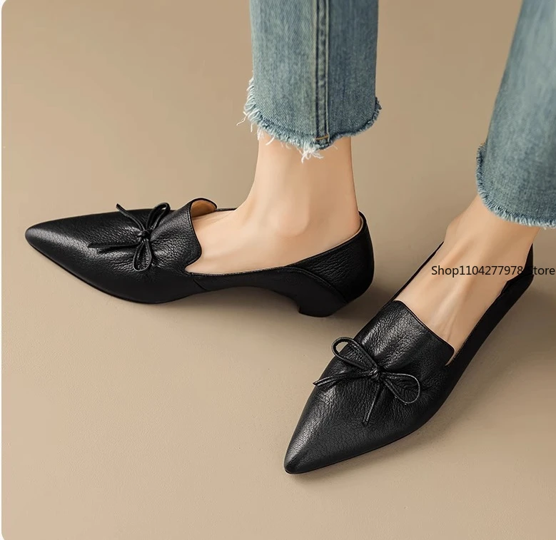 

Phoentin Office Ladies Elegant Black Shoes Women's Pointed Toes Mid Heels 2025 New Genuine Leather Retro Pumps Bow Pointed
