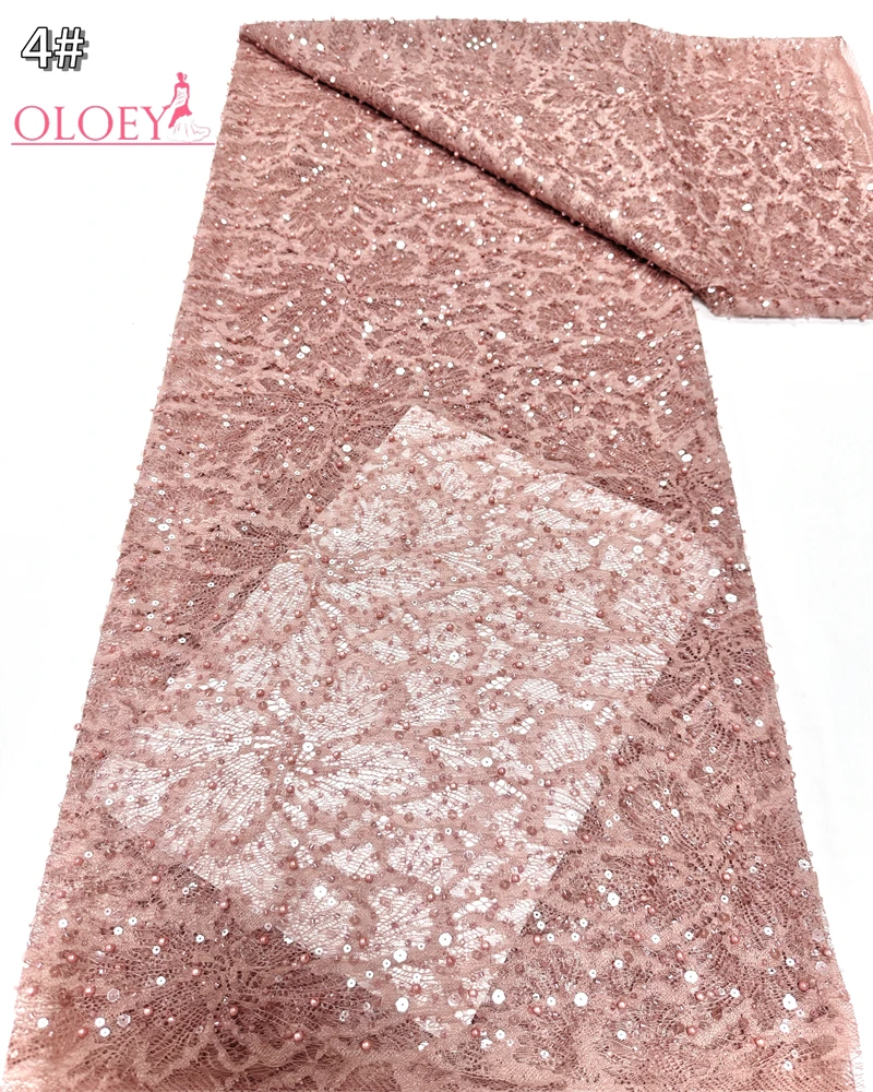 OLOEY 2025 French Embroidery Beaded Lace Fabric with Sequins African Nigerian Style for Wedding Dresses Fashionable 2025 Trend