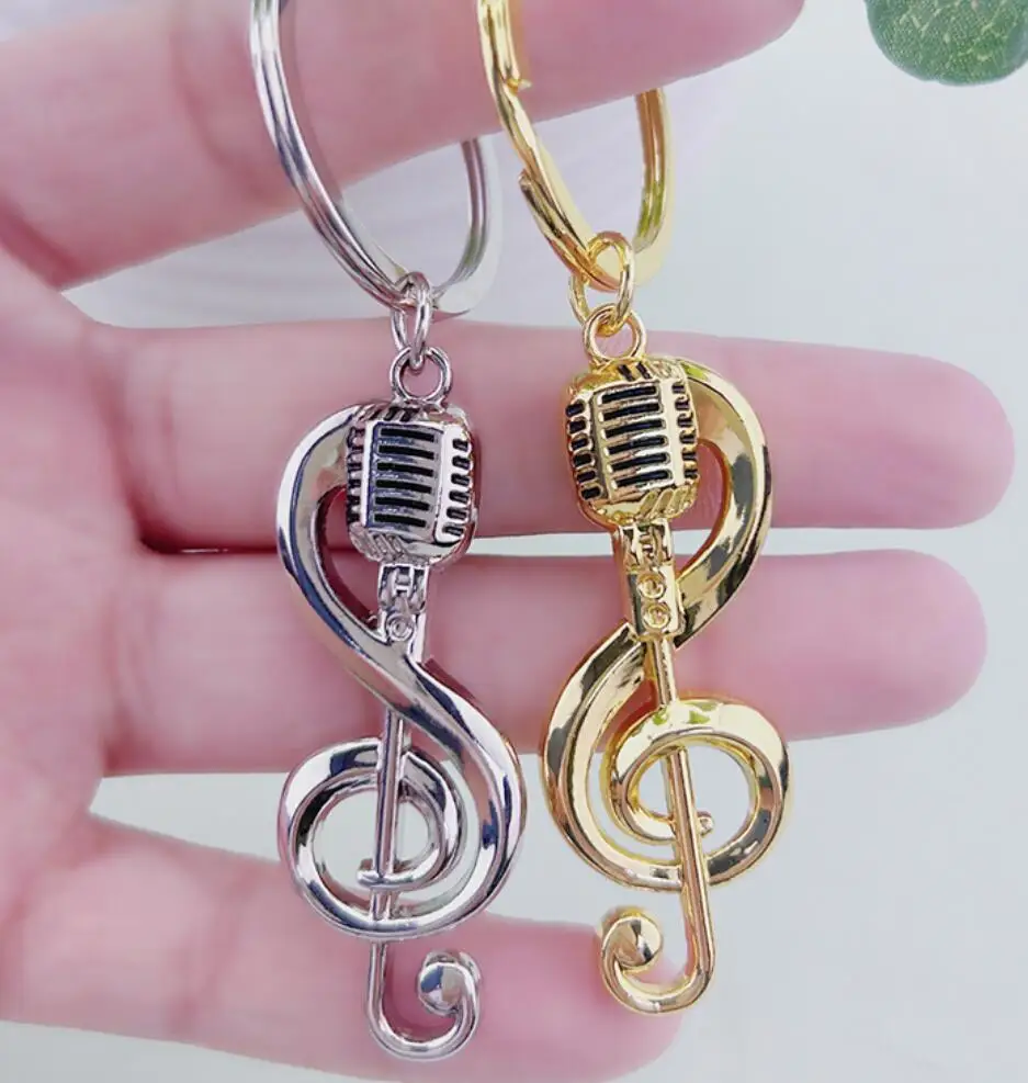 Music Note Microphone keychains Gold Color Silver Color Metal key chains keyrings Jewelry Gift