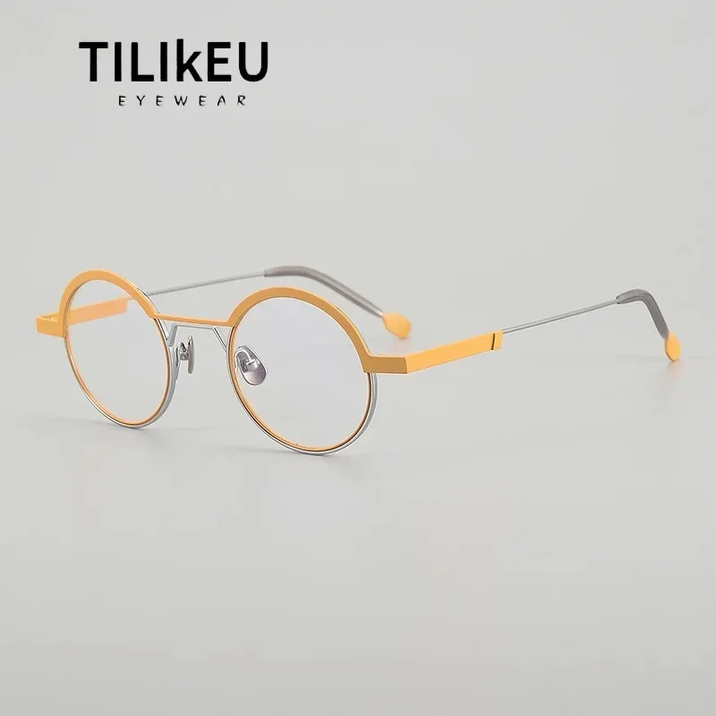 

Оправа для очков из чистого титана, трендовые двухцветные очки с круглой оправой, сверхлегкие, с защитой от синего света, мужские и женские корейские дизайнерские очки