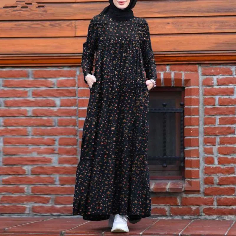 Women dress Eid Muslim Abayas O Neck Print Dubai Abaya Long Robe Zippers Loose Ramadan Morocco Patchwork Casual Pleated Pockets