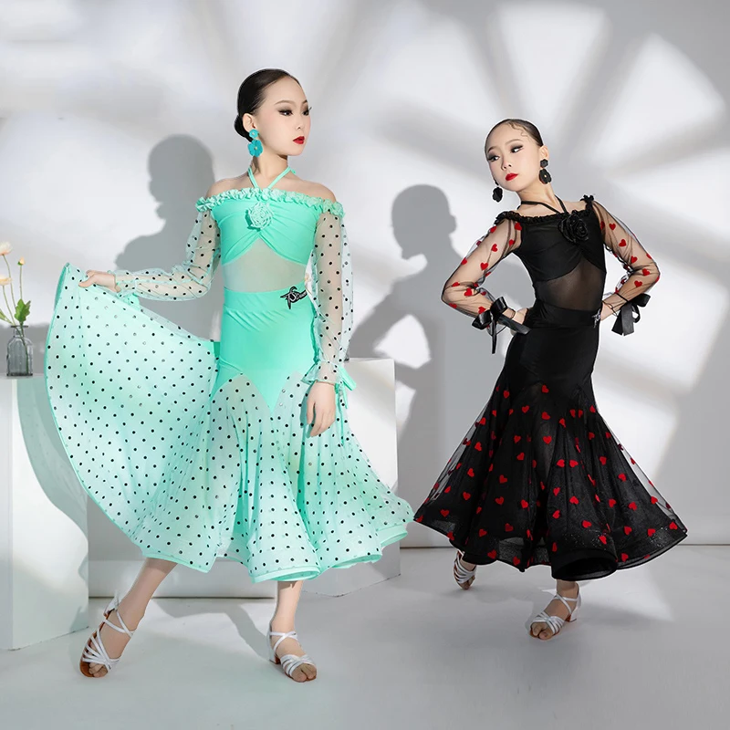 

Girls Ballroom Dance Clothes Green Black Off Shoulder Performance Dress Prom Waltz Latin Dance Costume Competition Dress BL13996