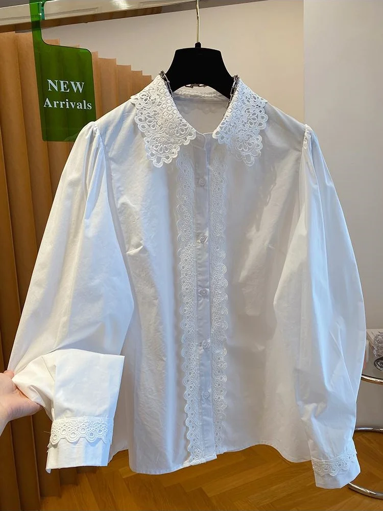 

Lace Hollow Out Turn Down Collar Long Sleeve Blouse Single-breasted Design Sense Blusa Korean Trendy All-match Shirt