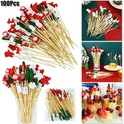 50/100Pcs Disposable Christmas Bamboo Food Picks Toothpicks Santa Elk Dessert Buffet Fruit Salad Sticks Christmas Party Decor