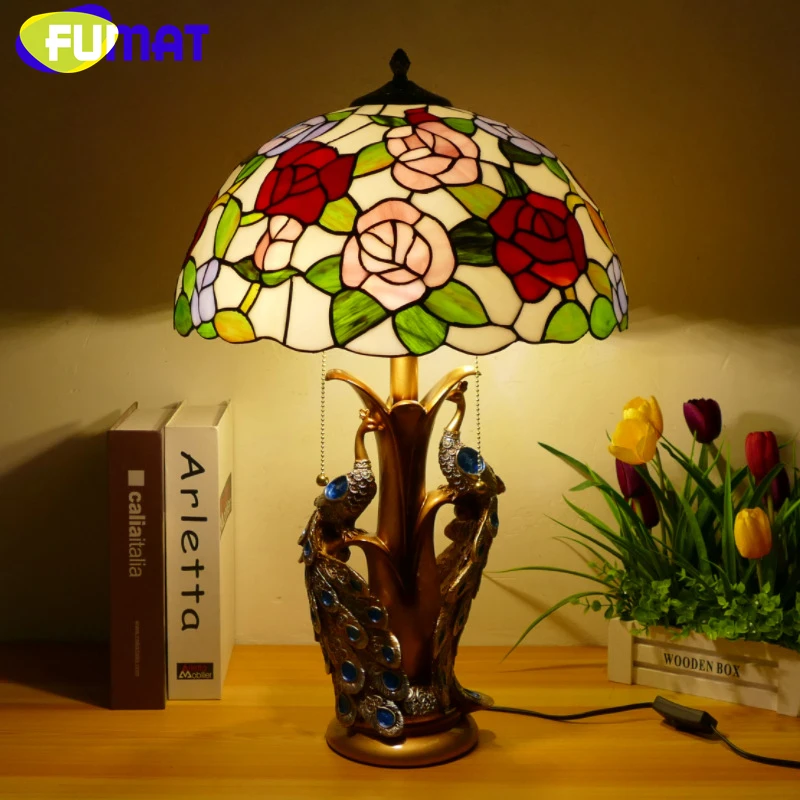 FUMAT Tiffany style stained glass retro writing table lamp for wedding bedroom bedside lamp study hotel restaurant LED decor