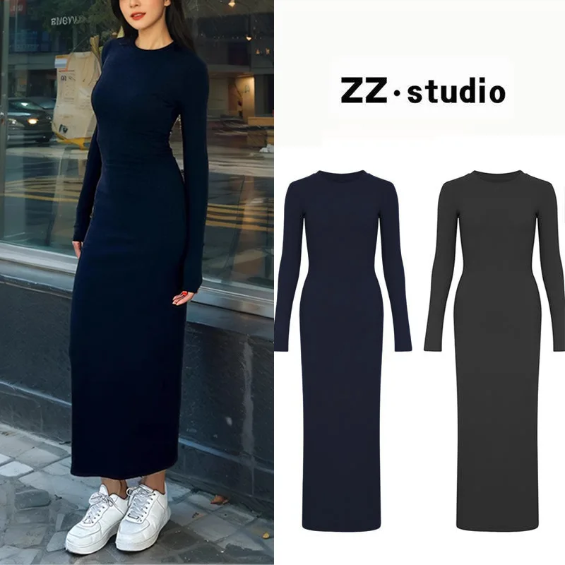 Vestido de primavera para mujer, azul marino, cuello redondo, manga larga, vestidos largos, falda larga, vestido de fiesta negro, sexy, barato, ropa para mujer