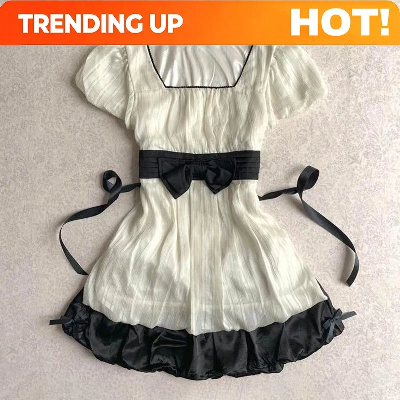 Summer 2026 New French Cute Princess Colorblock Bow Lace Up Square Neck Dress For Girls Teens Women Garden Party Birthday Gift