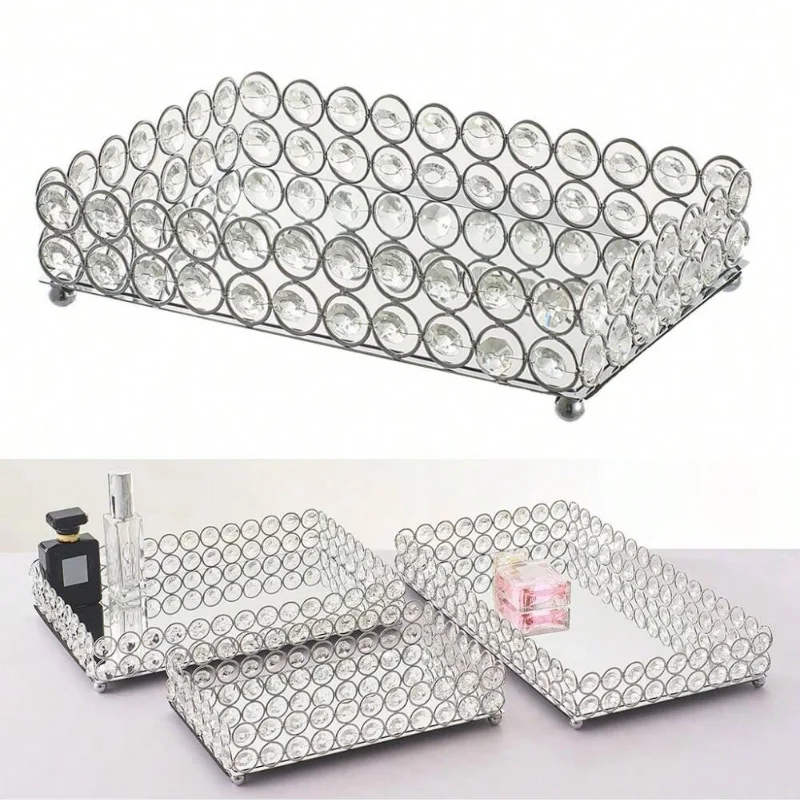 Crystal Mirror Tray, Cosmetics Tray, Perfume and Jewelry Display Tray, Table Decoration Fruit Tray for Holding Metal Cake Tray
