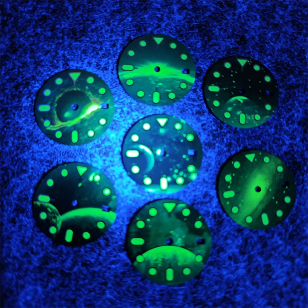 หน้าปัดนาฬิกาขนาด 28.5 มม. ลายท้องฟ้าเต็มดาว สำหรับกลไกนาฬิกา NH35/NH34 หน้าปัดเรืองแสงสีเขียว นาฬิกาแบบปฏิทินเดี่ยว NH35