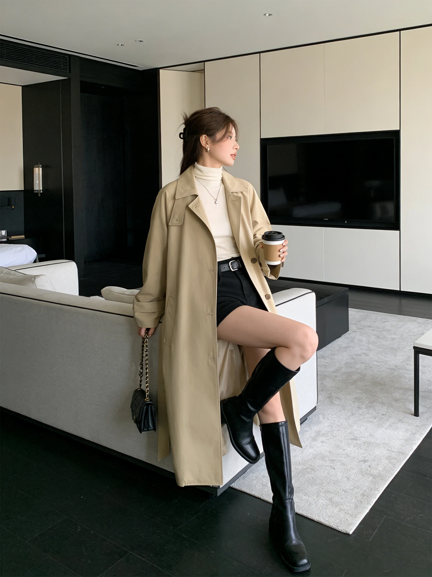 

Korean Sle Long Stand Collar Windbreaker Spring Autumn Faion Slimming Women's Clothing Briti Sle Versatile High-End F...