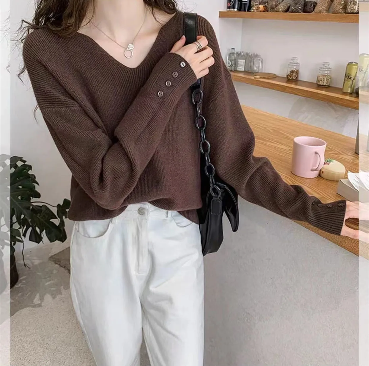 Primavera 2025 moda mujer Color sólido suelto Casual moda cuello pico manga larga suéter tejido jerseys ropa femenina camisetas