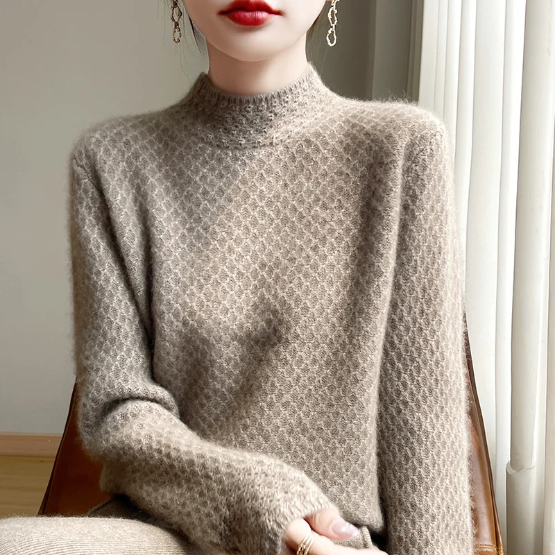 Autumn/Winter Thickened Semi-turtleneck Checked Sweater 100% Merino Wool Long-sleeved Pullover Fashion Women's Solid Color Top