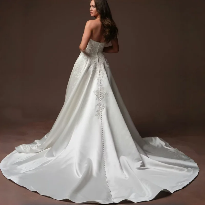 Off The Shoulder Embroidered Satin A-Line Train BridalSatin Wedding Dress Princess Strapless Sleeveless Customized