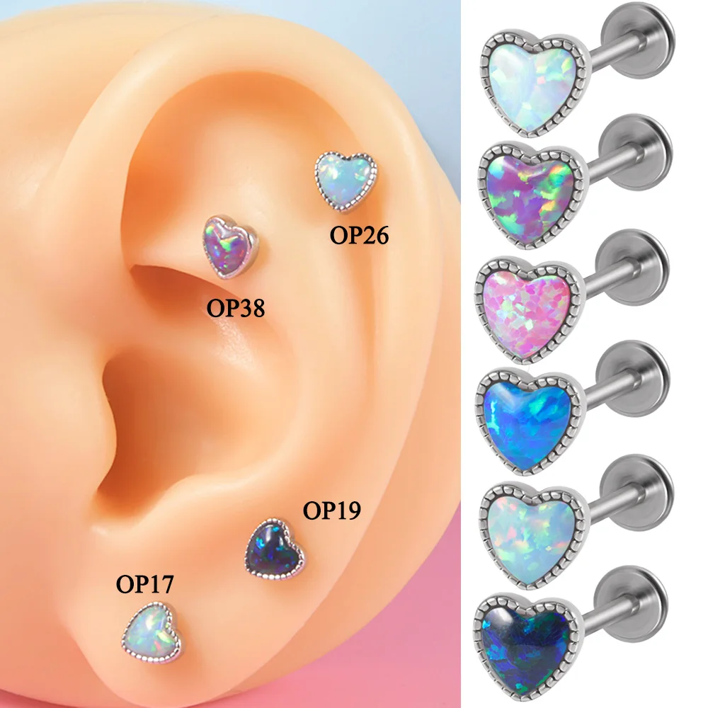 1PC Surgical Steel Opal Helix Tragus Heart Earring Labret Lip Cartilage Piercing Jewelry Internally Thread 1.0mm Screw Fit 16G