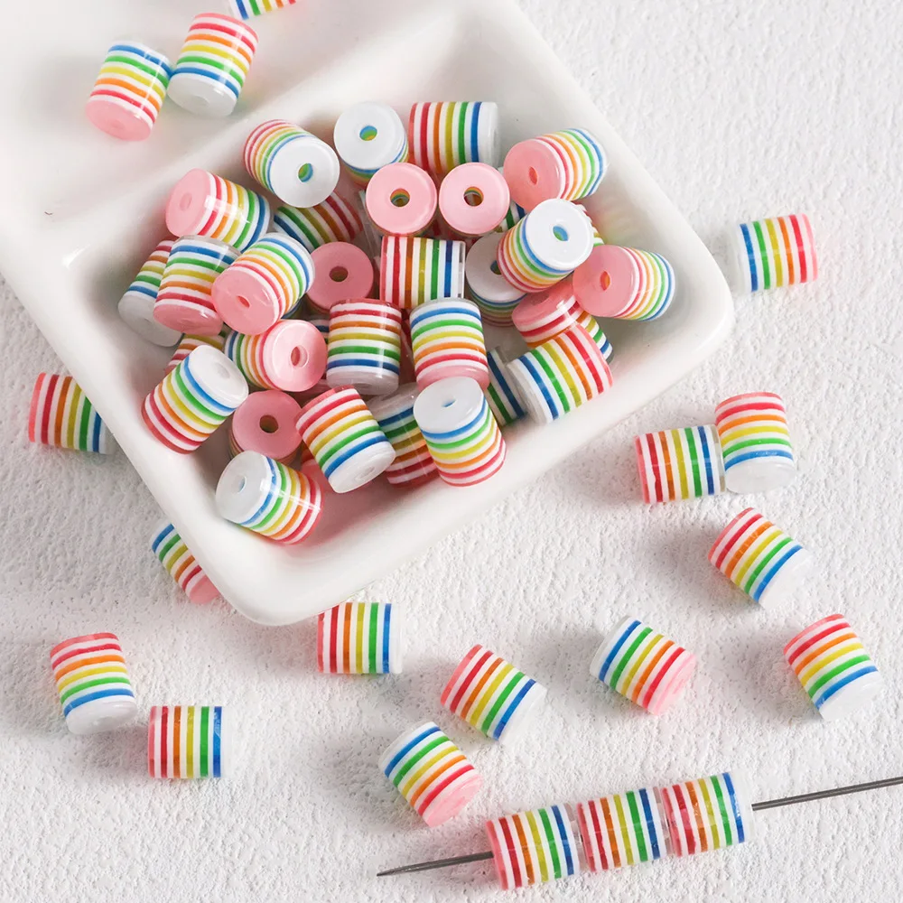 10 قطعة/الوحدة Cuentas de resina de rayas cilíndericas de arcoirris ، abalorios espacadores sueltos الفقرة la fabrication de joyas #4