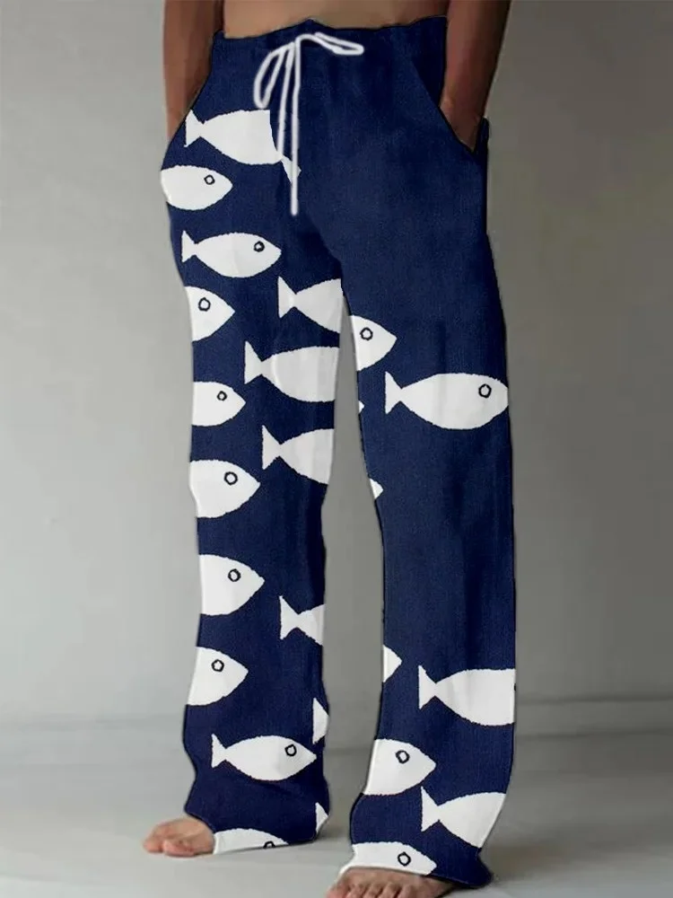 

Men's Cute Fish Art Linen Blend Casual Pants Fashion Elastic Waisted Drawstring Harajuku Long Trousers 2026 All Season Bottoms