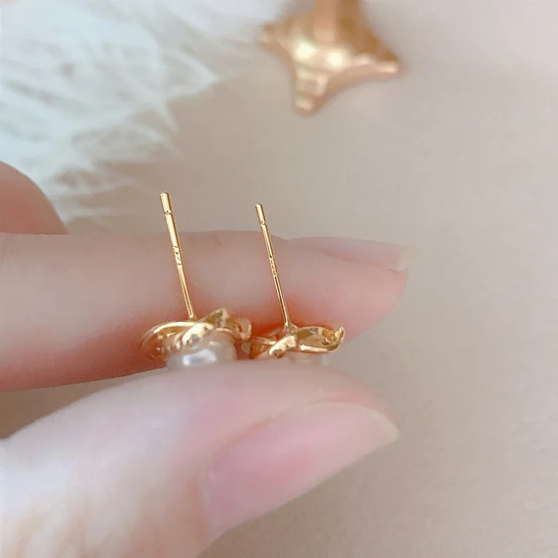 Upscale 14k gold jewelry real gold  Earrings Zircon Pearl Twist Luxury Stud Earrings For Women brincos pendientes bijoux
