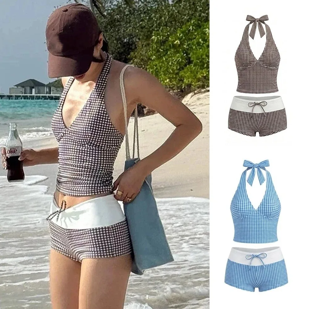 

Hot Spring Halter Neck Sling Two Pieces Bikini Suit Y2k Slim Fit Stripe Swimwear Set V-Neck Summer Beachwear Clothing Beach