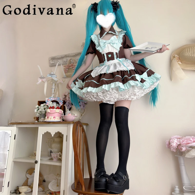 

Japanese Style Lolita Maid Dress Set Women Sweet Apron Bow Puff Sleeve Halloween Cosplay Costumes Party Dress Gothic Girls Dress