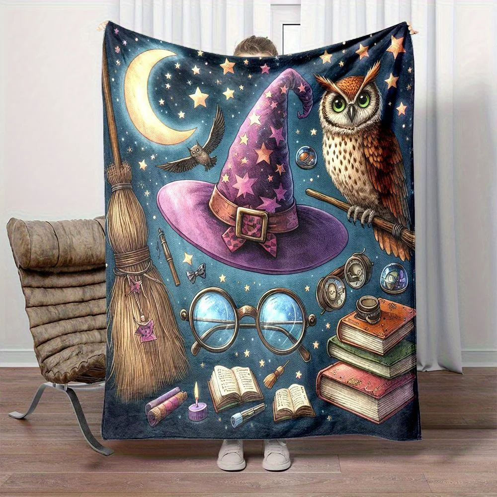 Cozy Flannel Throw Blanket with Magic Hat & Owl Print - Soft, Reversible Gift for Family and Friends, Contemporary Style