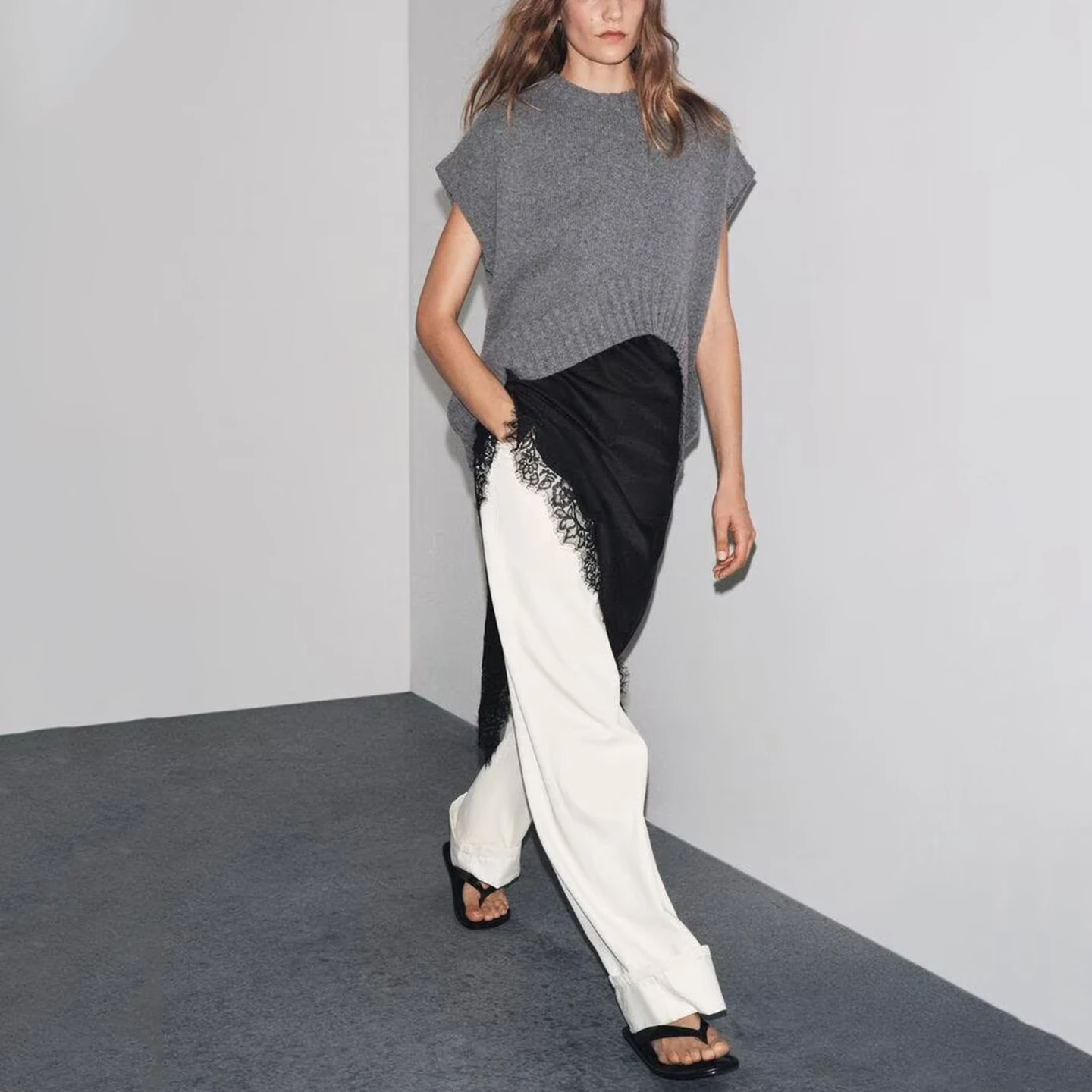 

Модный женский вязаный шерстяной жилет большого размера, осень 2023, новинка Sle Z, европейская верхняя одежда, другой материал 00%