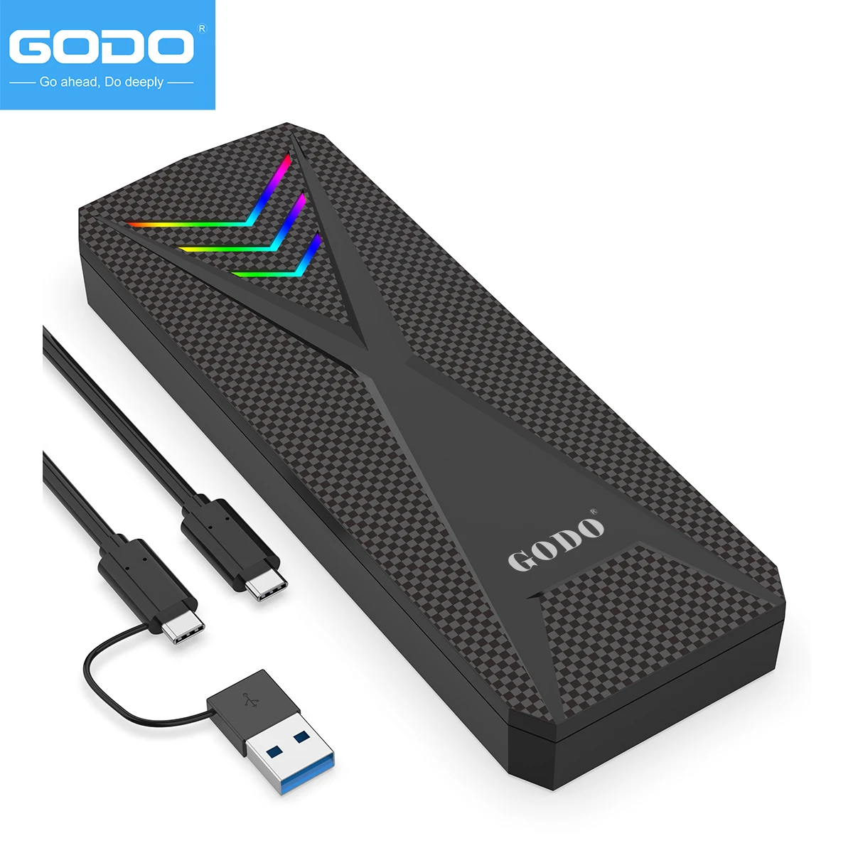 GODO PCIe NVMe SSD  RGB M.2 External Enclosure Portable USB C to M.2 Nvme Sata Adapter Tool Free,10Gbps USB C 3.1