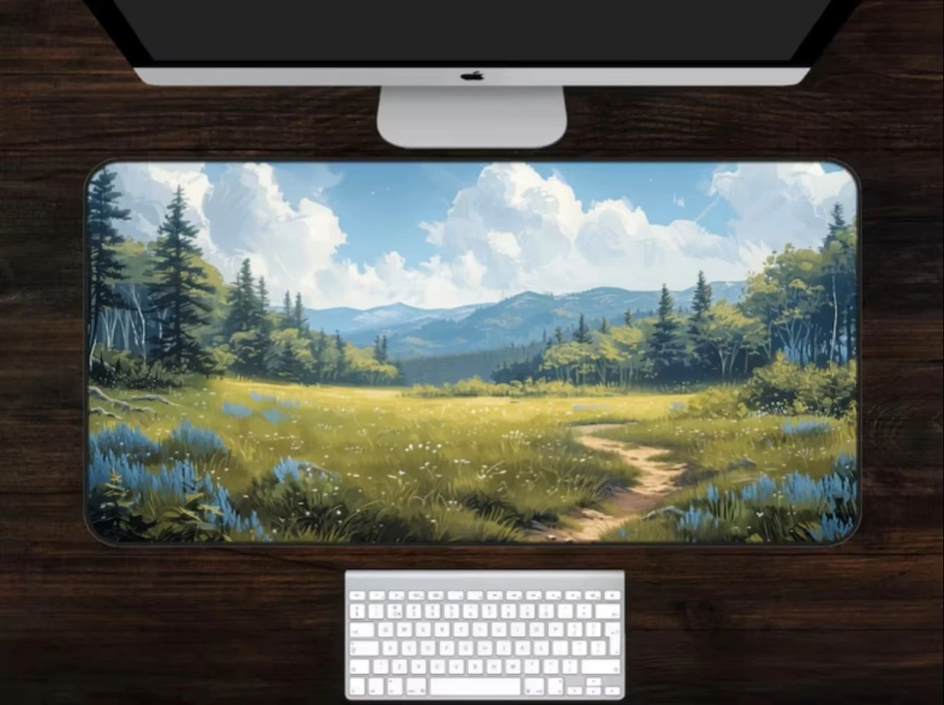 Mountain Forest River Landscape Desk Mat Extra Large Gaming Mousepad Anti-slip Rubber Base Stitched Edge Keyboard Table Pad