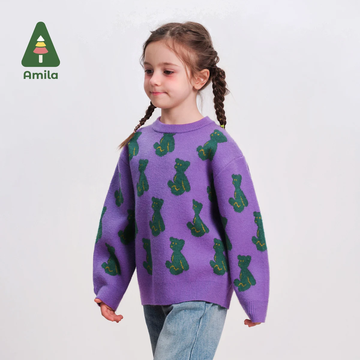 Amila Baby Sweater 2024 Winter New Girls Purple Cartoon Bear Round Neck Warm And Skin-Friendly Loose Casual Children’s Pullover