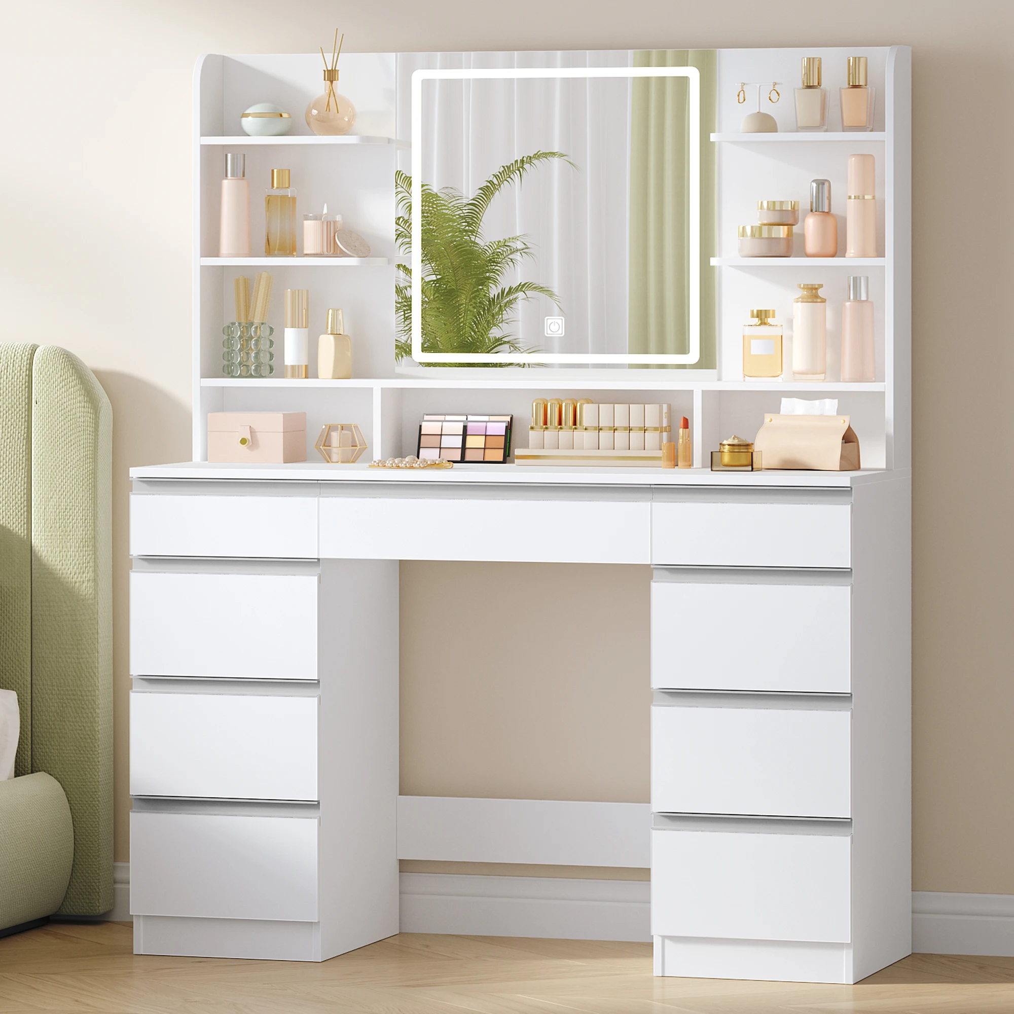 Dressing Table with LED Light, Vanity Desk with 1 Large Drawer and 8 Small Drawer Cabinets, Adjustable Brightness, Large Mirror