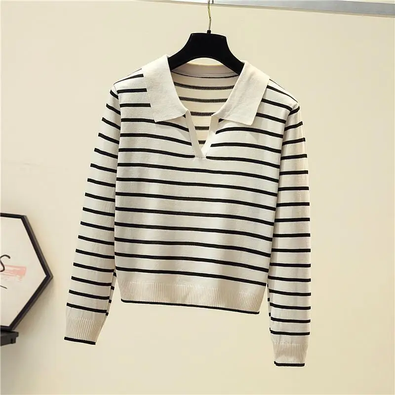 Women Clothing Chic Turn-down Collar Striped Knit Pullovers Autumn Elegant Casual Thin Long Sleeve T-shirt Office Lady Sweet Top