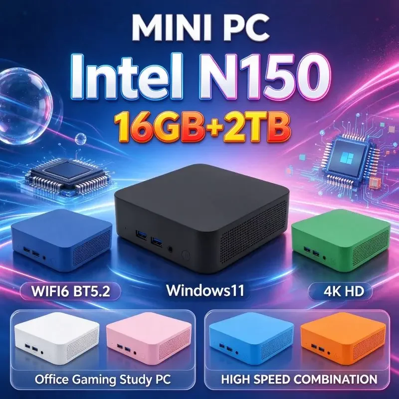 Energy Saving Compact Intel N150 Mini PC Windows 11 16GB RAM 1TB/2TB SSD WiFi6 BT5.2 4K Output Desktop Computer for Office Home