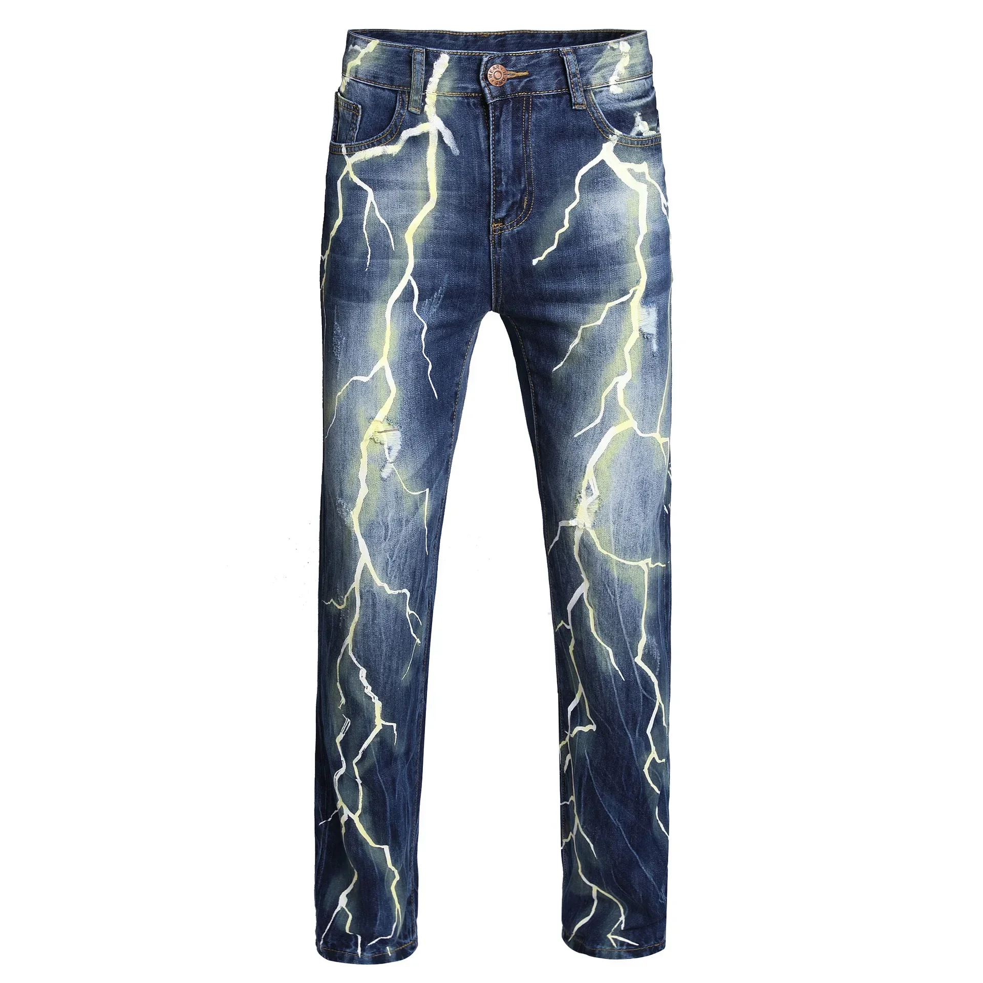

Pencil Pants Men Hole Jeans Lightning Print Mid Waist Distressed Washed Pockets Skinny Ankle Length Trousers Denims Streetwear