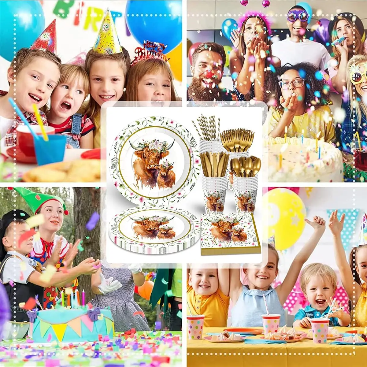 Farm Animals Party Tableware Set, Plates, Straws, Cups, Napkins, Highland Cow Print, Birthday Decorations