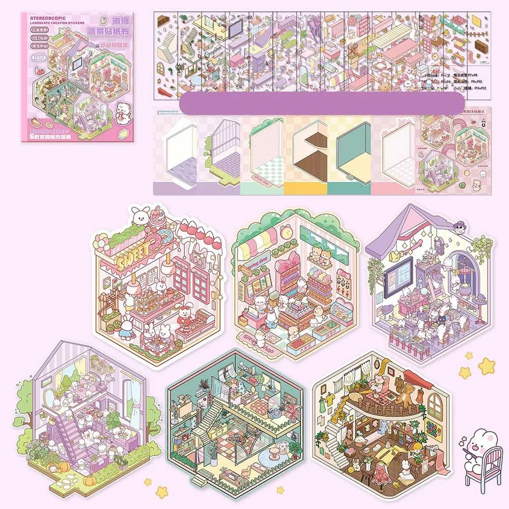 3D Cabine Scène Stickers Boek Visueel Stapelen Cartoon Scène Sticker Collectie DIY Cabine Scène Speelgoed Spelstickers