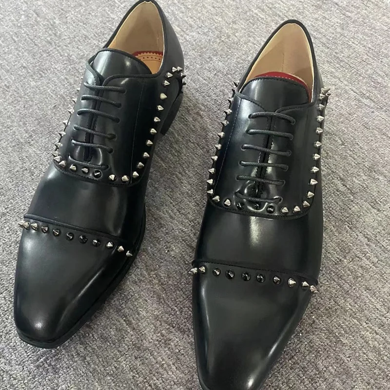 

High Quality Fashion Black Genuine Leather Men's Dress Shoes Luxury Oxfords Sapato Social Lace-up Mens Rivets Shoes