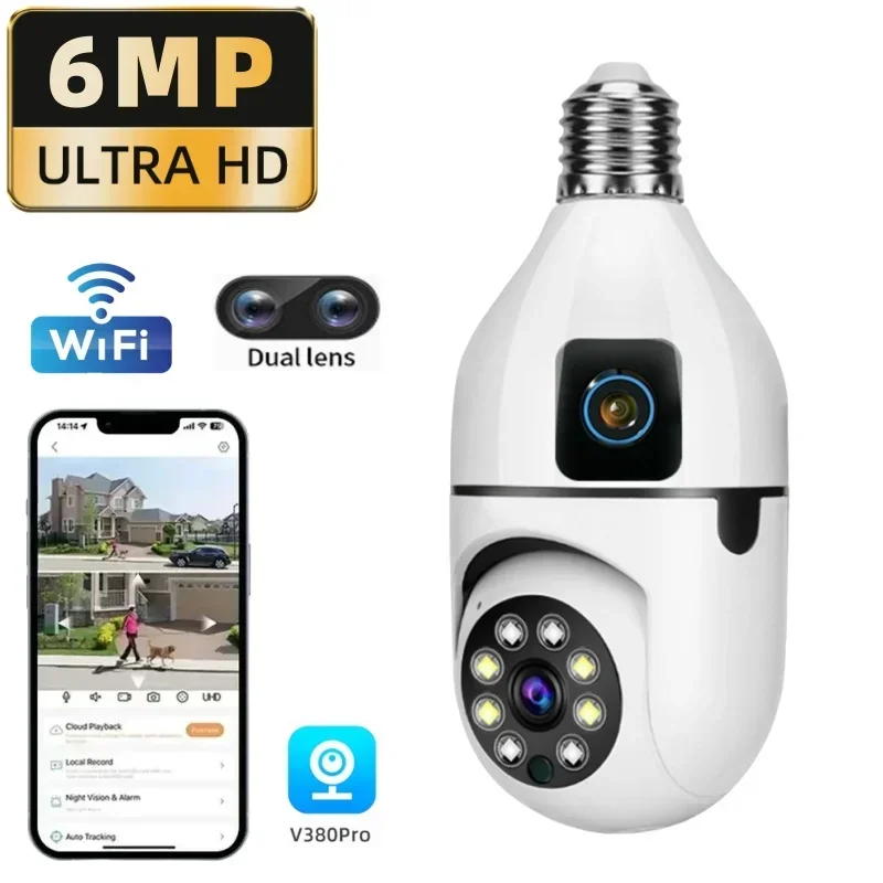 6MP Drahtlose Wifi Panorama Kamera HD Dual Objektiv E27 Birne Überwachung Monitor Ai Menschliches Tracking Home Security PTZ Smart Cam CCTV