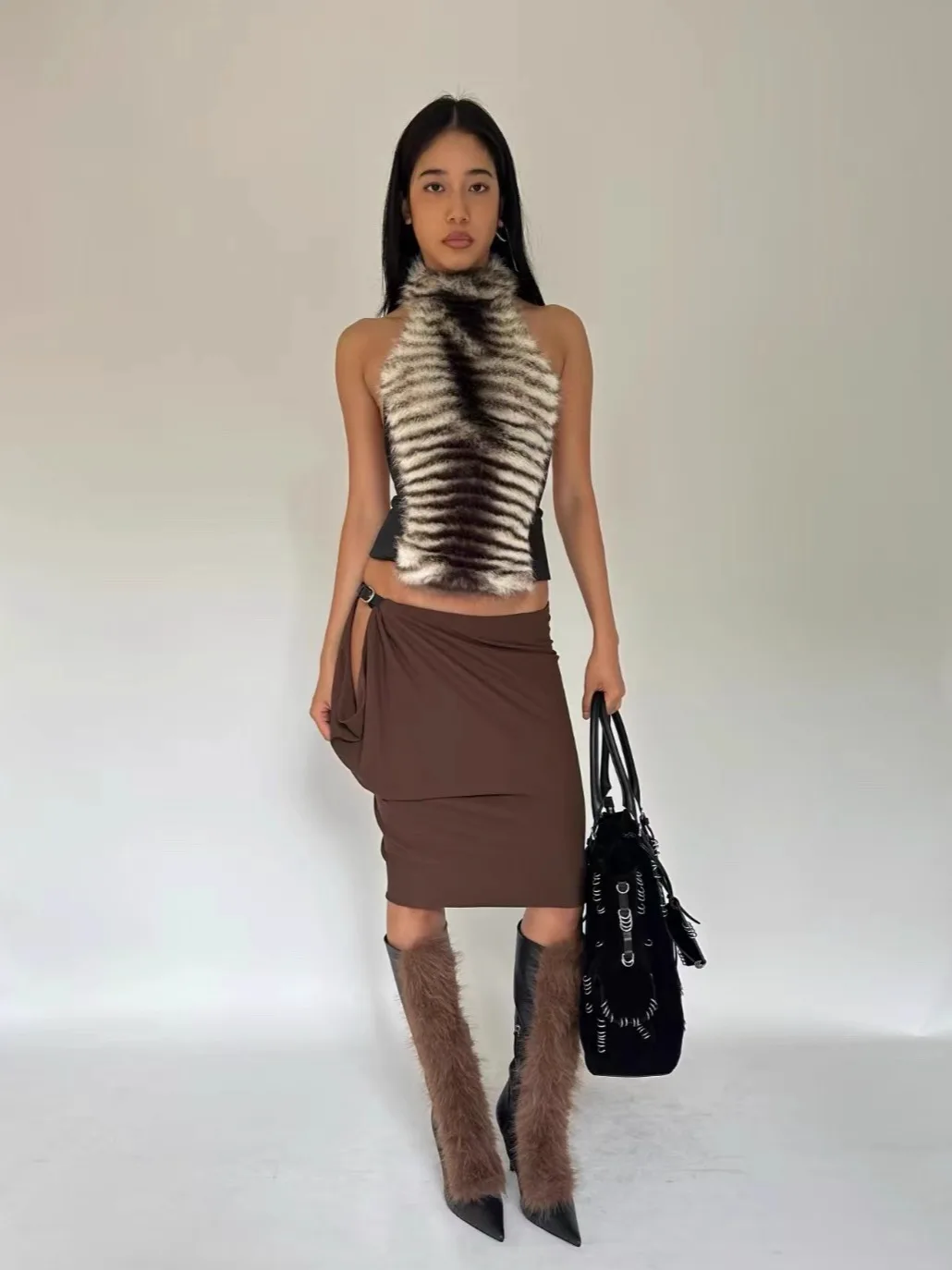 

Sexy Backless Animal Print Patchwork Vest Adjustable Collar Fur Trim Millennium Y2K Trendy Backward Dressing Women's Top