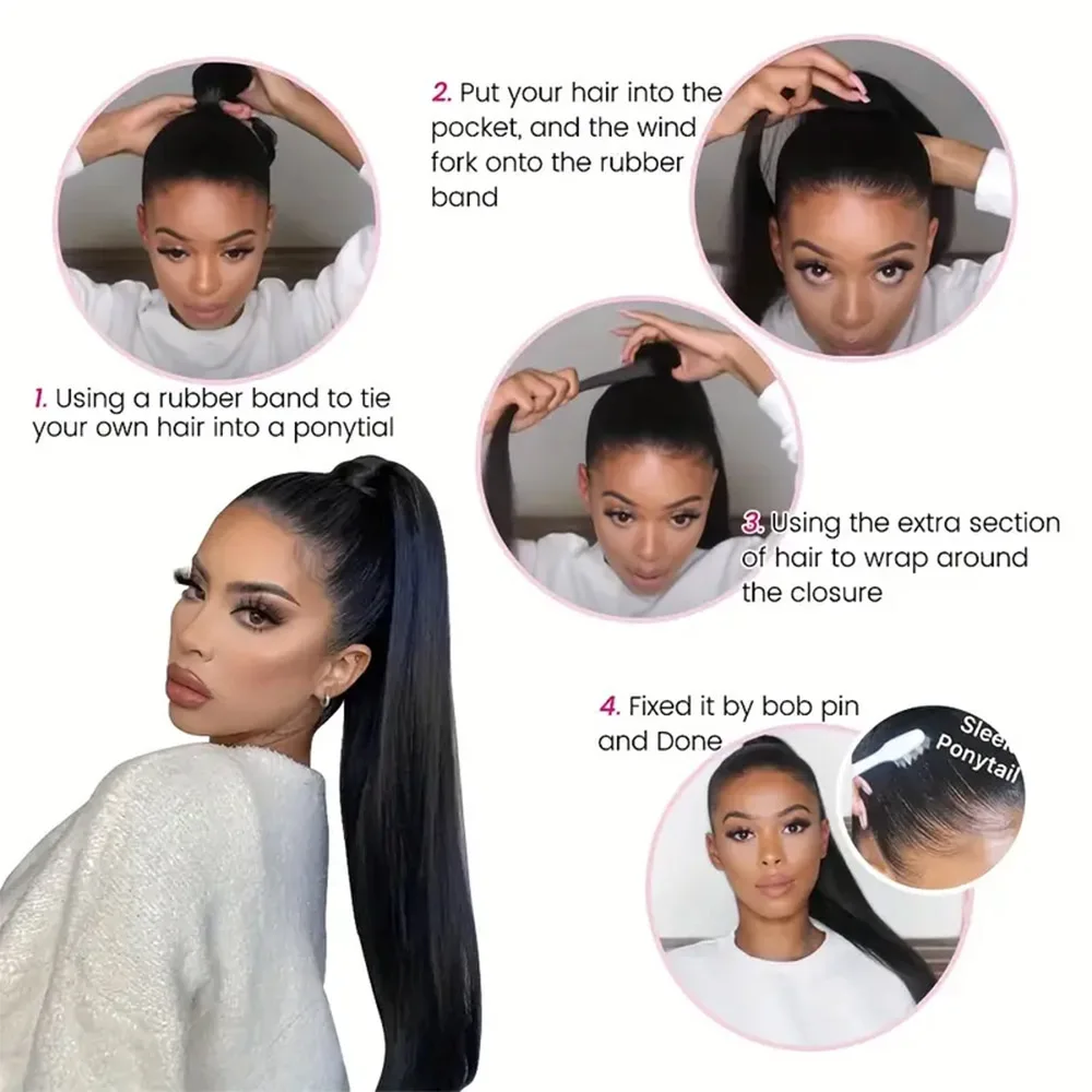 Queue de cheval synthétique lisse en soie longue pour femme, extensions de cheveux rondes, postiche à clipser, perruques élégantes, os, utilisation 03