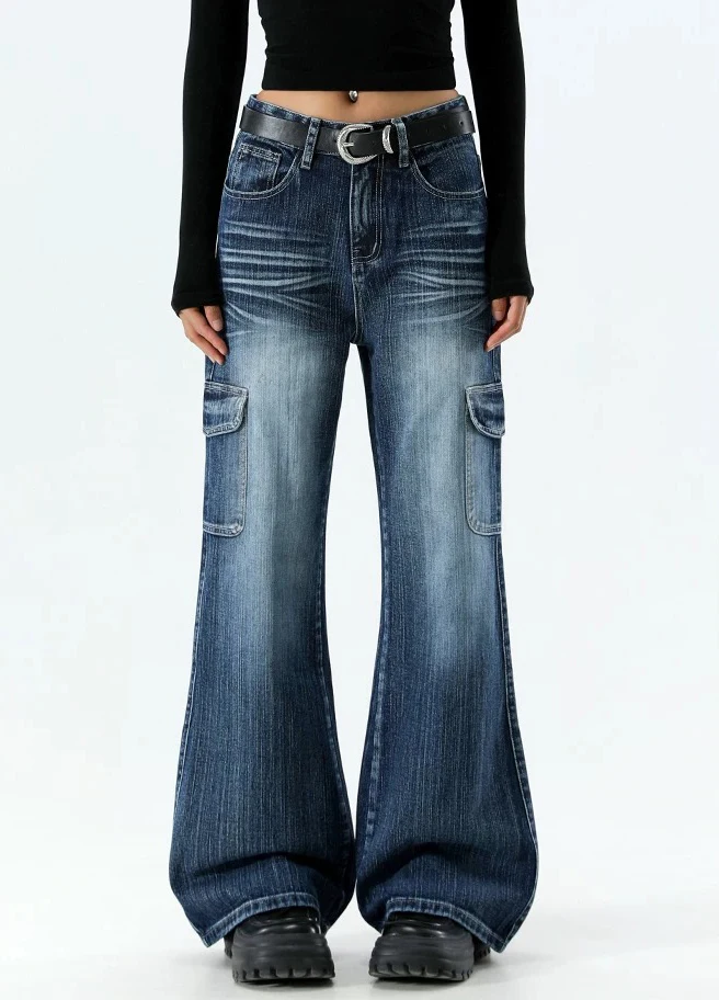

Y2K Micro Flared Jeans Women American Retro Blue High Waist Workwear Spicy Girl Straight Leg Bell Bottoms No Stick